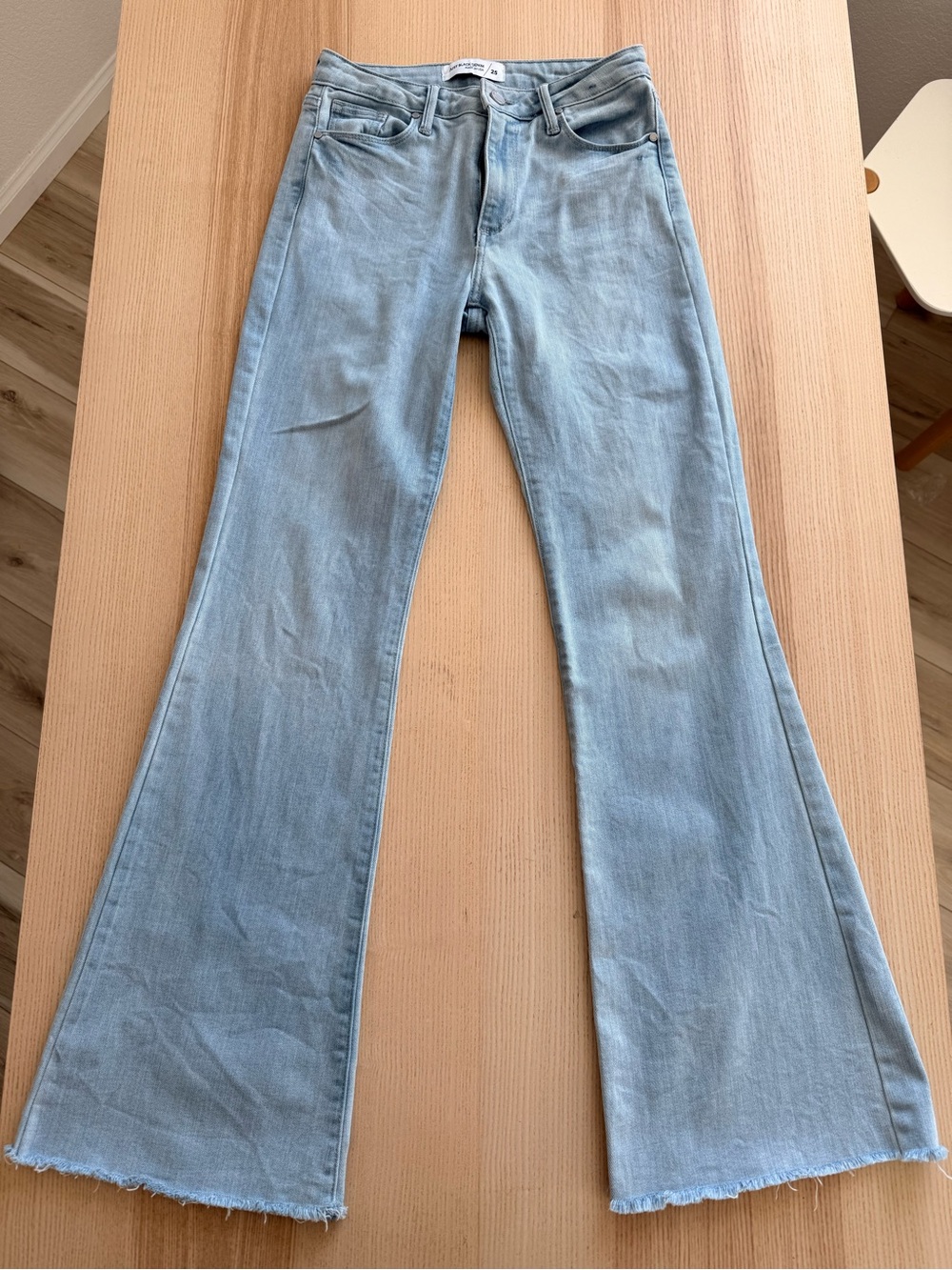 Just Black Denim Light Wash Flare Jeans Size 25 Raw Hem High Rise Wide Leg